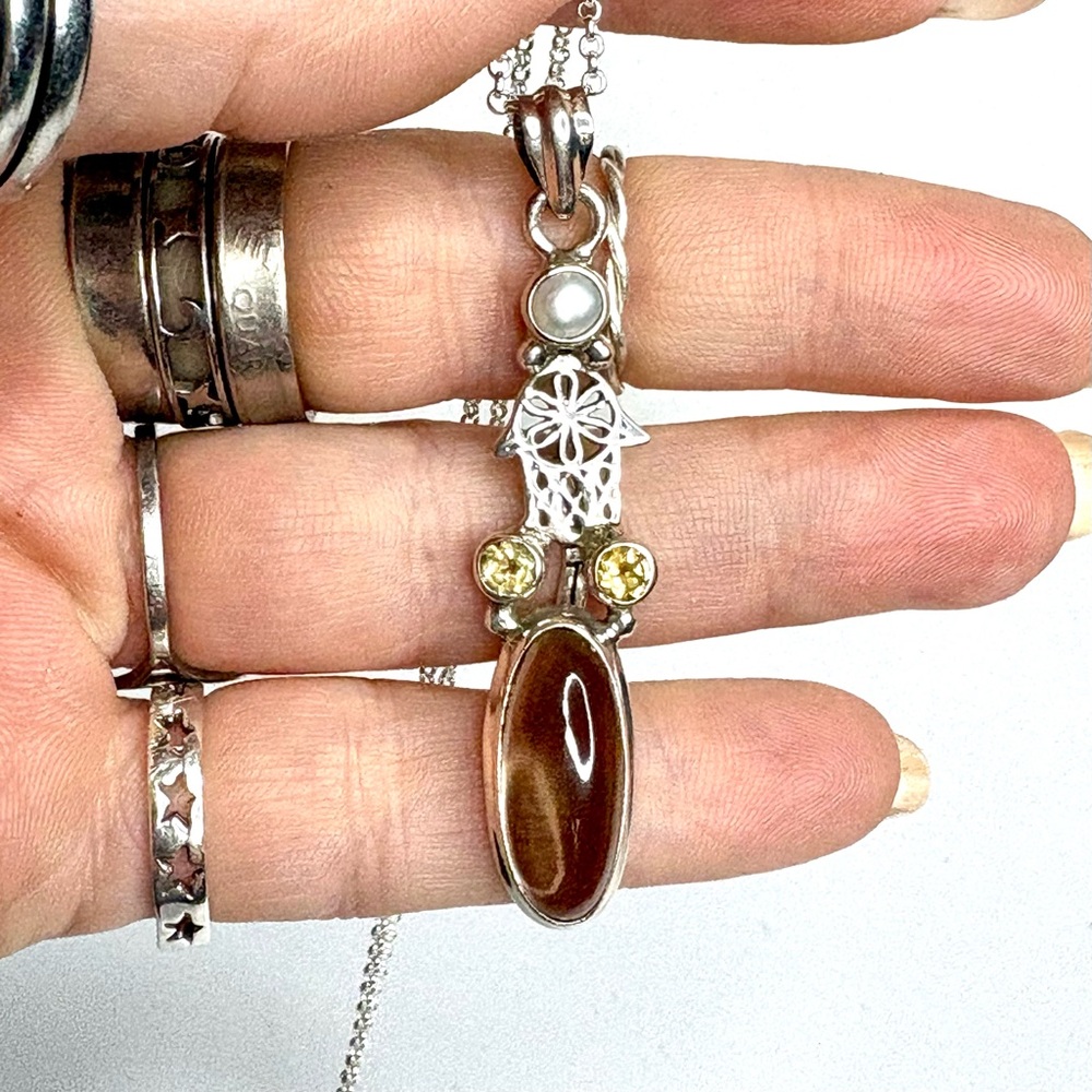 Sterling Silver Pendant w/ Natural Gemstones Topaz, Citrine & Pearl on 16” chain